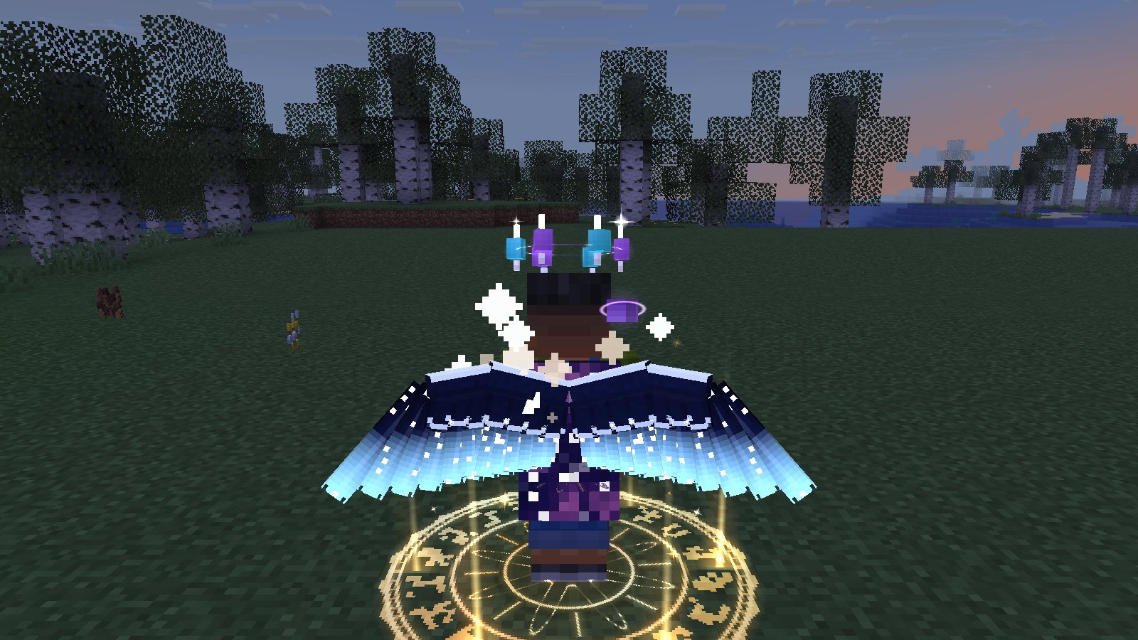 A player wearing the Galaxy cape, Celestial wings, Astral crown and Solar Sigil aura at sunset