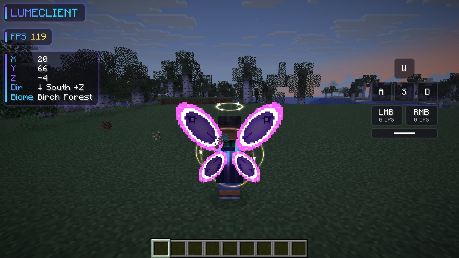 The LumeClient HUD in game: watermark, FPS, coordinates and keystrokes